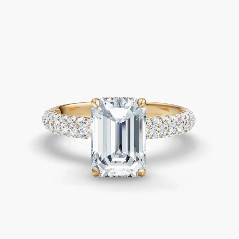 Certified 2 carat Lab Grown Diamond Emerald Cut Pavé, Hidden Halo Engagement Ring in 14K Yellow Gold-Lyre
