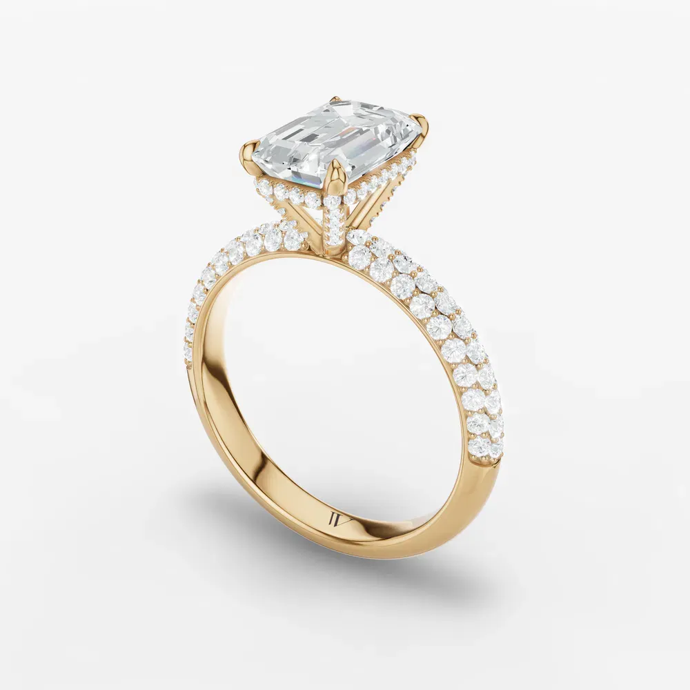 Certified 2 carat Lab Grown Diamond Emerald Cut Pavé, Hidden Halo Engagement Ring in 14K Yellow Gold-Lyre