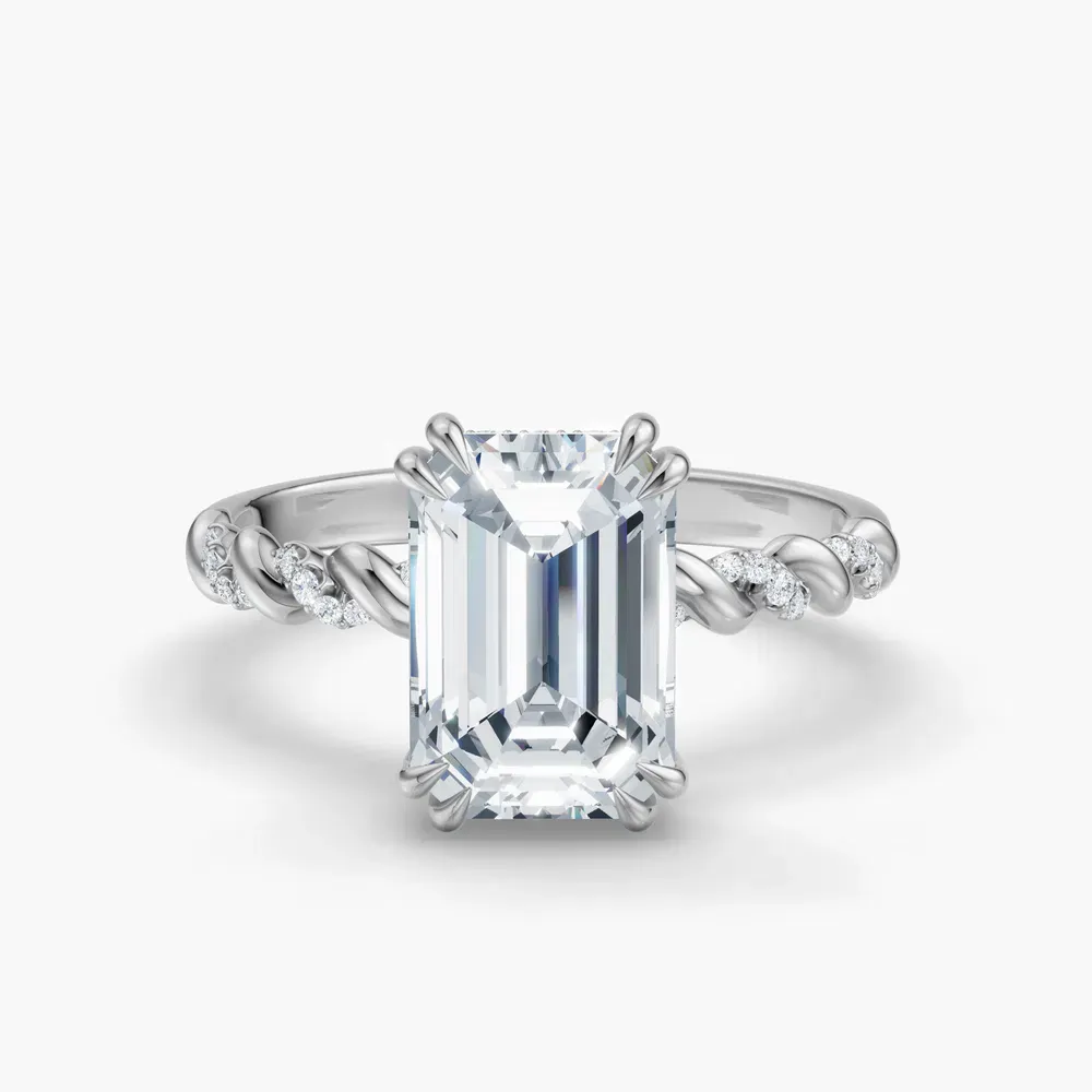 Certified 1 carat Lab Grown Diamond Emerald Cut Pavé, Hidden Halo, Twist Engagement Ring in 14K White Gold-Lior