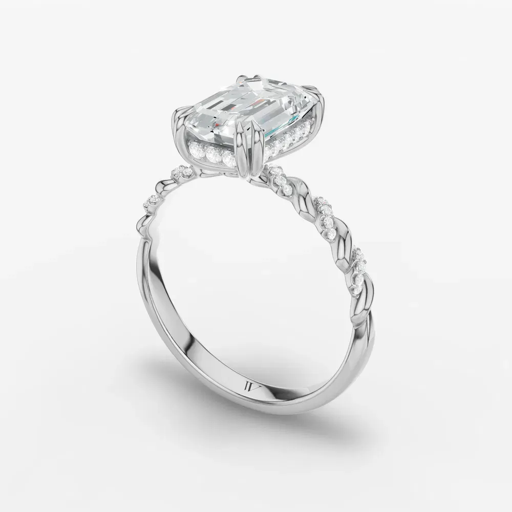 Certified 1 carat Lab Grown Diamond Emerald Cut Pavé, Hidden Halo, Twist Engagement Ring in 14K White Gold-Lior