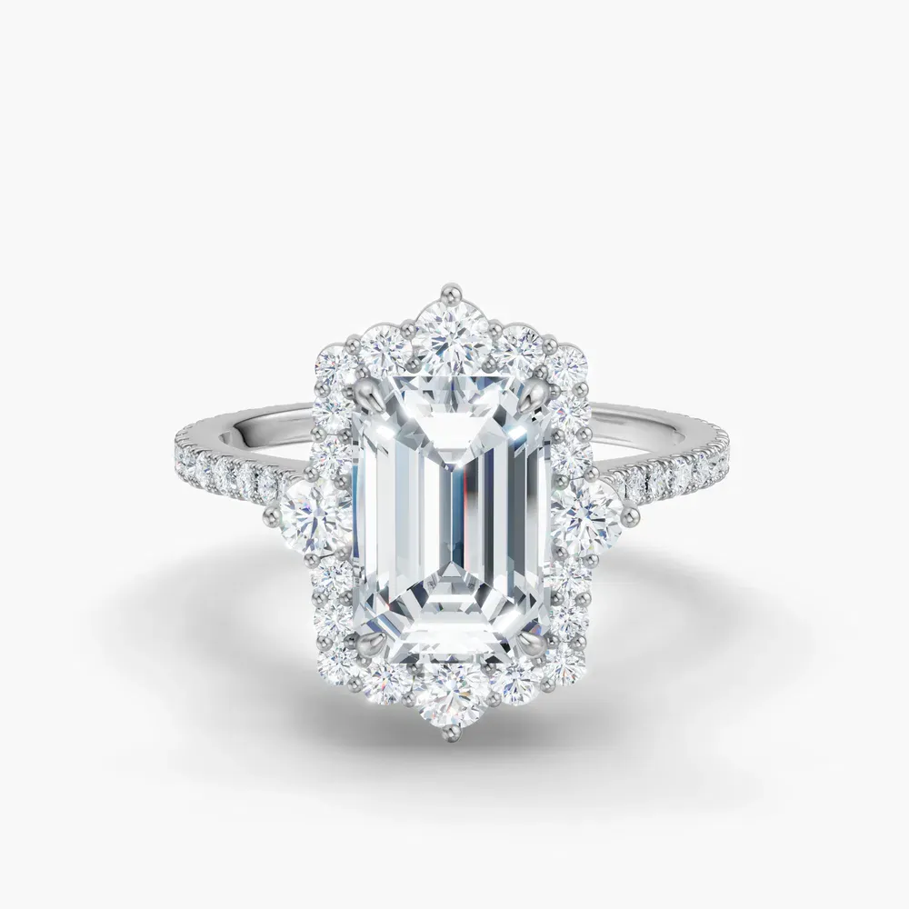 Certified 1 carat Lab Grown Diamond Emerald Cut Hidden Halo, Halo, Cathedral Engagement Ring in 14K White Gold-Cylen