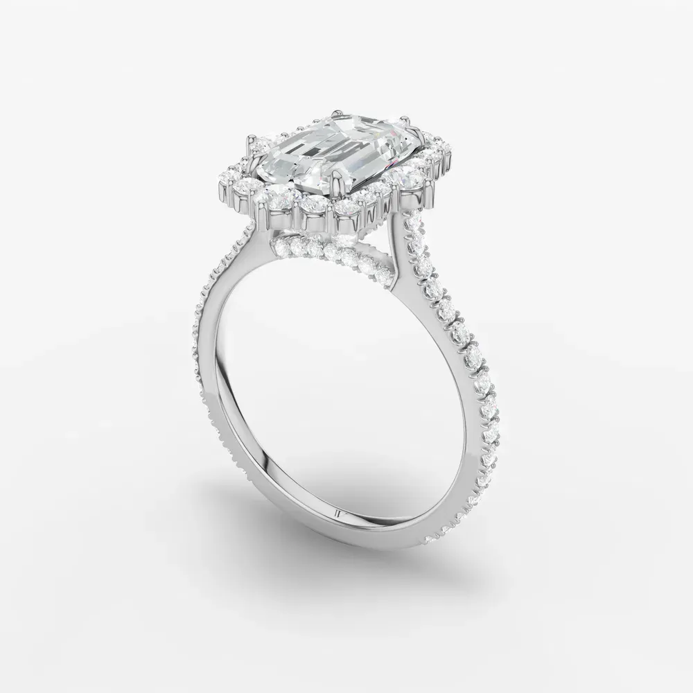 Certified 1 carat Lab Grown Diamond Emerald Cut Hidden Halo, Halo, Cathedral Engagement Ring in 14K White Gold-Cylen
