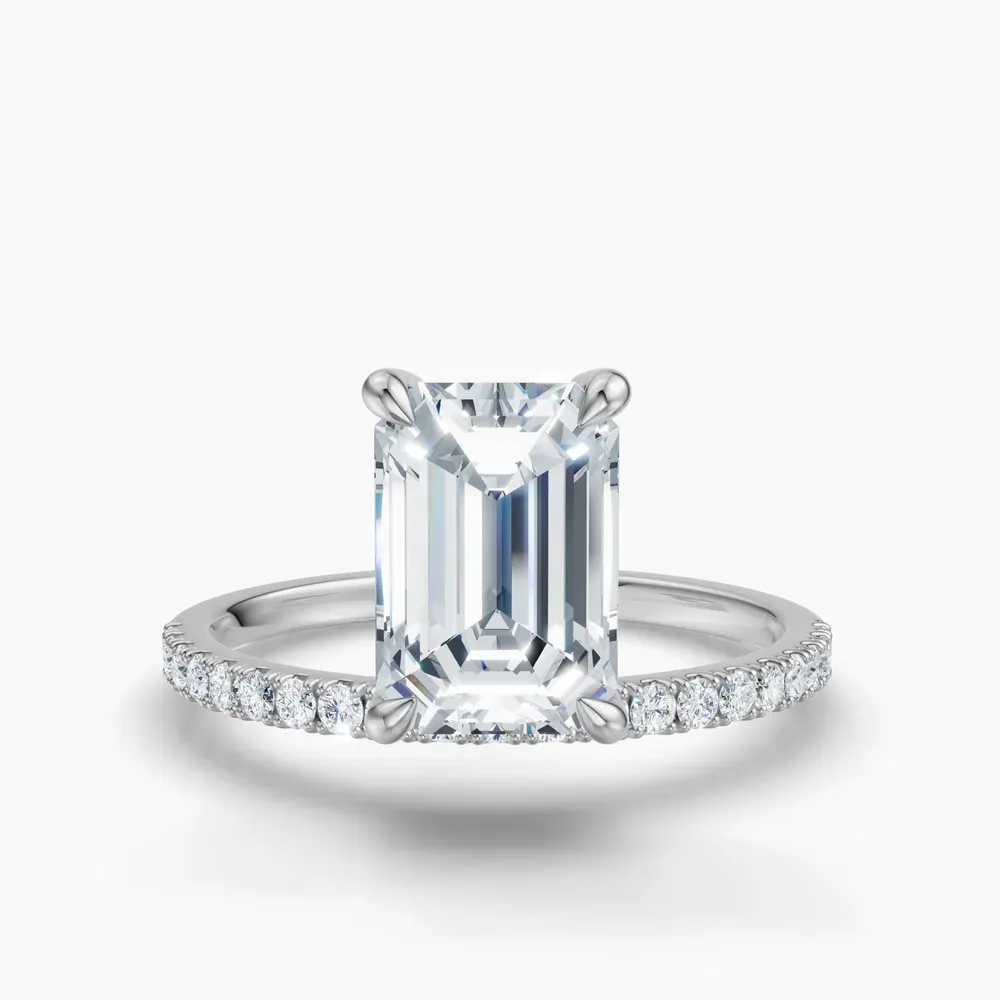 Certified 2 carat Lab Grown Diamond Emerald Cut Solitaire, Floating, Side Stone Engagement Ring in 14K White Gold-Vera