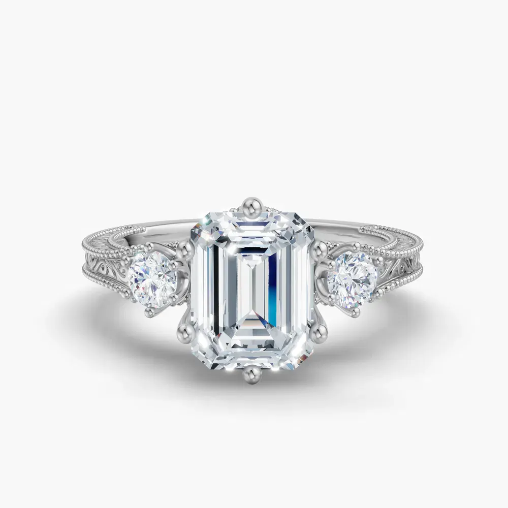 Certified 1 carat Lab Grown Diamond Emerald Cut Three Stone, Unique, Milgrain Engagement Ring in 14K White Gold-Zara