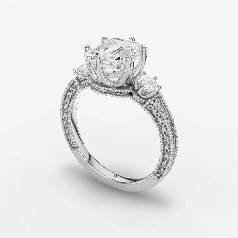 Certified 1 carat Lab Grown Diamond Emerald Cut Three Stone, Unique, Milgrain Engagement Ring in 14K White Gold-Zara