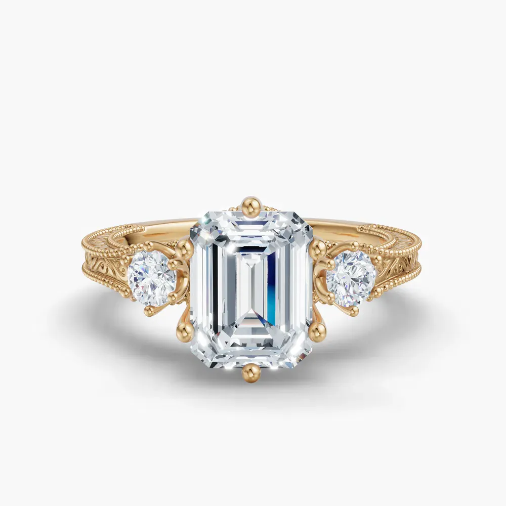 Certified 1 carat Lab Grown Diamond Emerald Cut Three Stone, Unique, Milgrain Engagement Ring in 14K Yellow Gold-Zara