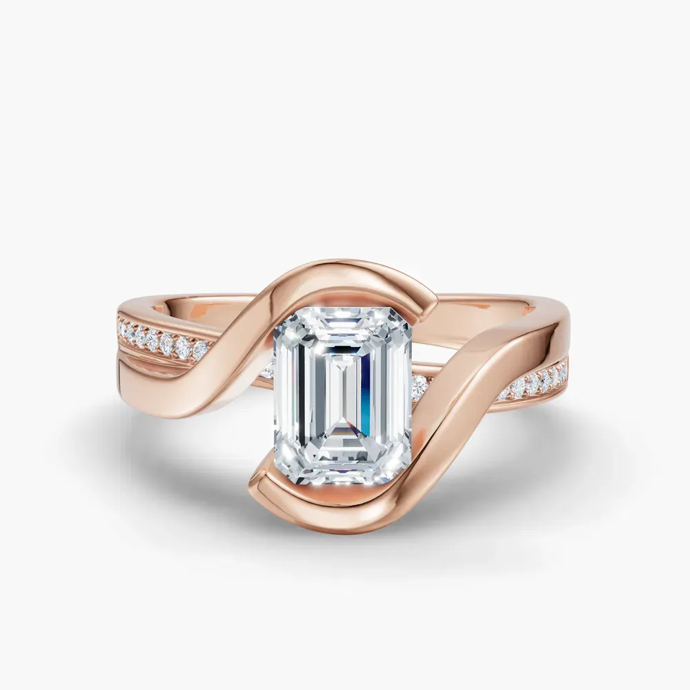 Certified 1 carat Lab Grown Diamond Emerald Cut Bezel, Modern, Split Shank Engagement Ring in 14K Rose Gold-Elara