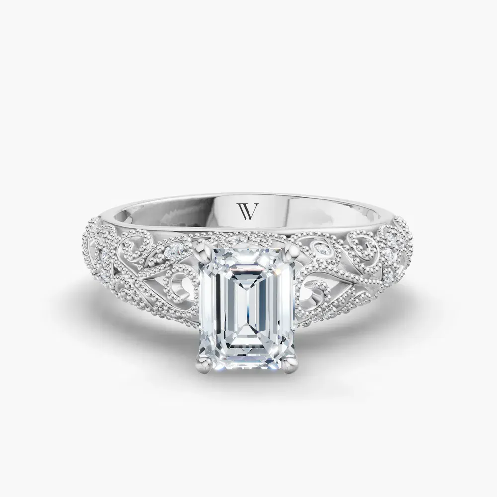 Certified 1 carat Lab Grown Diamond Emerald Cut Vintage, Milgrain, Filigree Engagement Ring in 14K White Gold-Jaxen