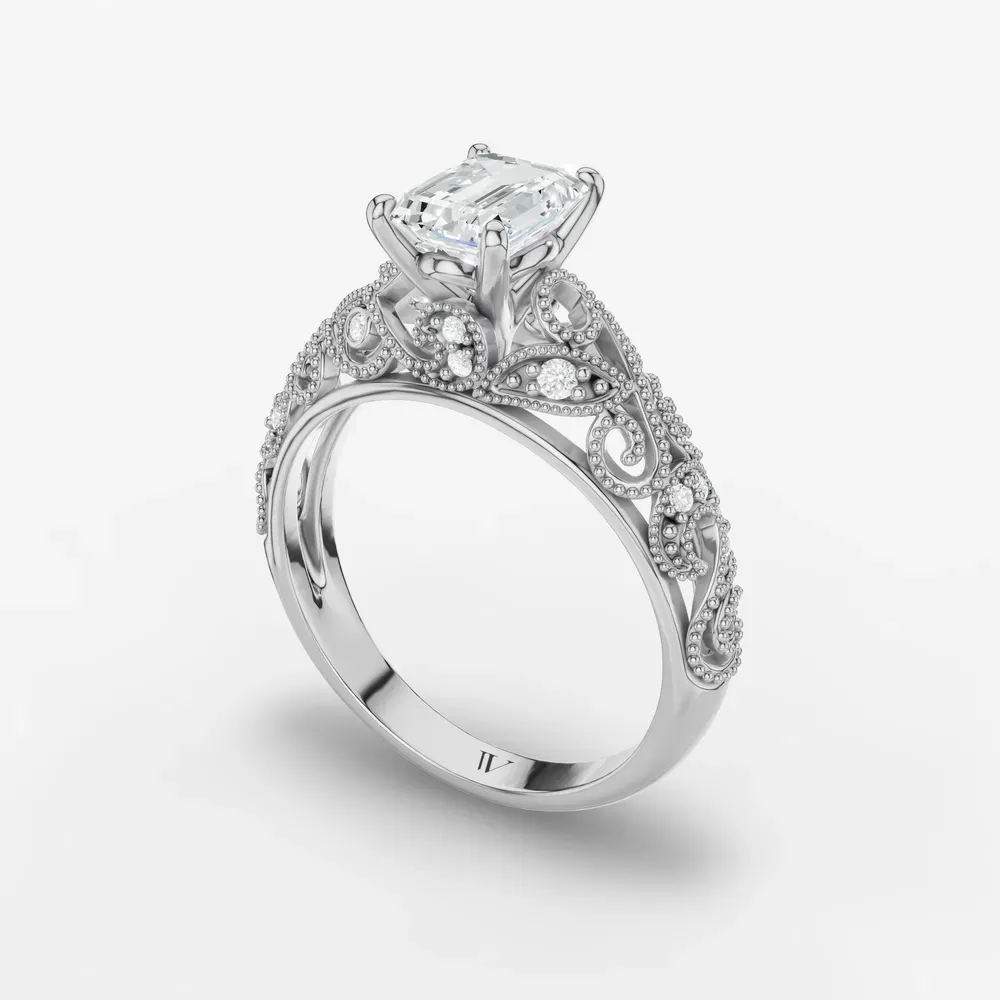 Certified 1 carat Lab Grown Diamond Emerald Cut Vintage, Milgrain, Filigree Engagement Ring in 14K White Gold-Jaxen