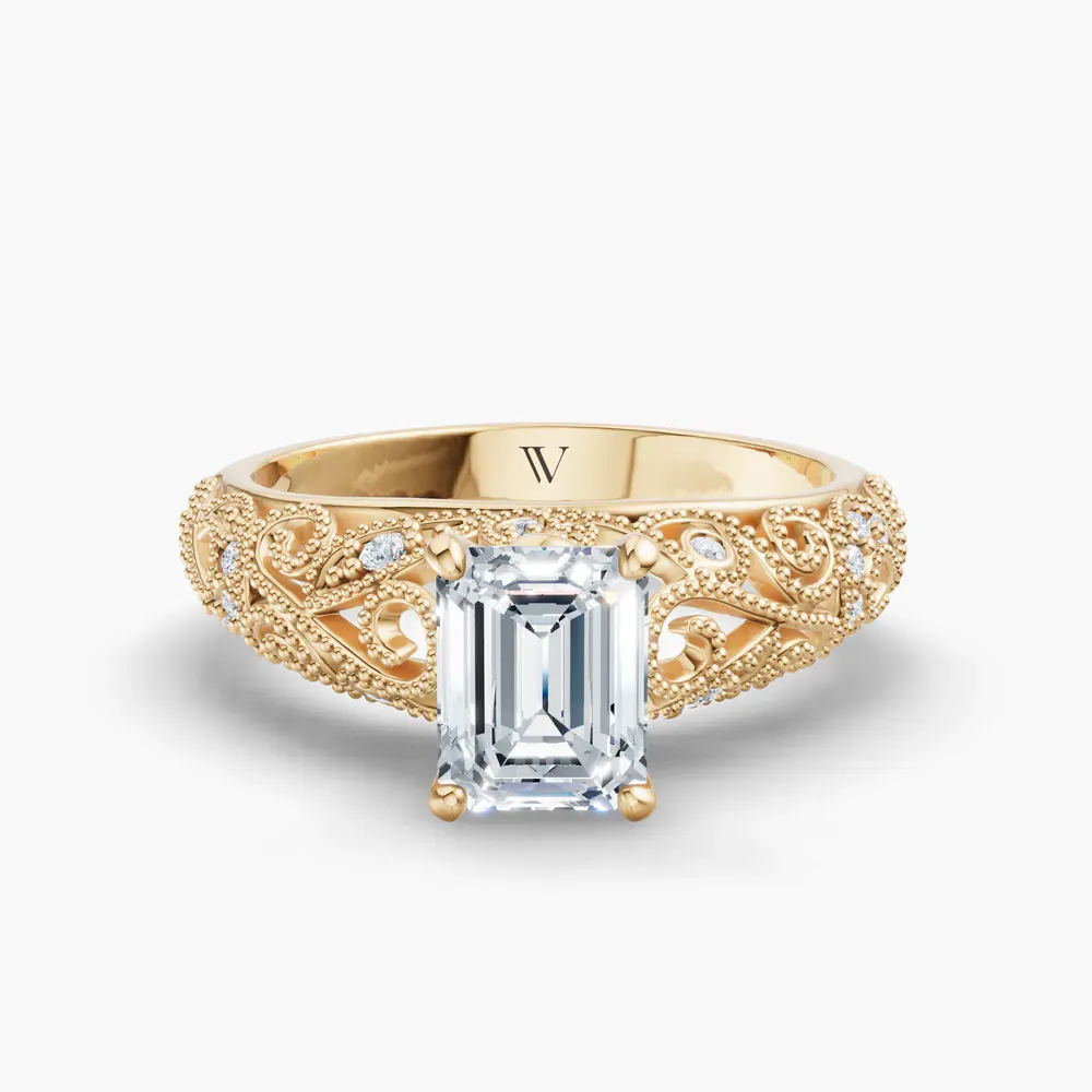 Certified 1 carat Lab Grown Diamond Emerald Cut Vintage, Milgrain, Filigree Engagement Ring in 14K Yellow Gold-Jaxen