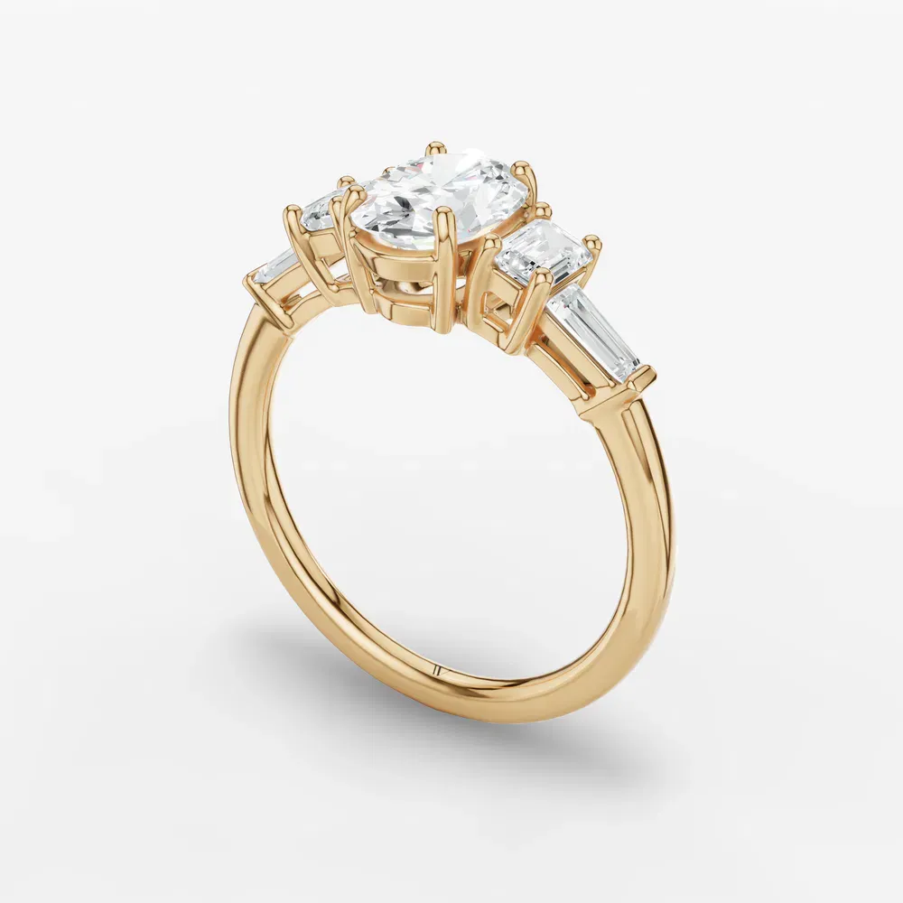 Certified 1 carat Lab Grown Diamond Oval Cut Five Stone, Baguette, Art Deco Engagement Ring in 14K Yellow Gold-Olume