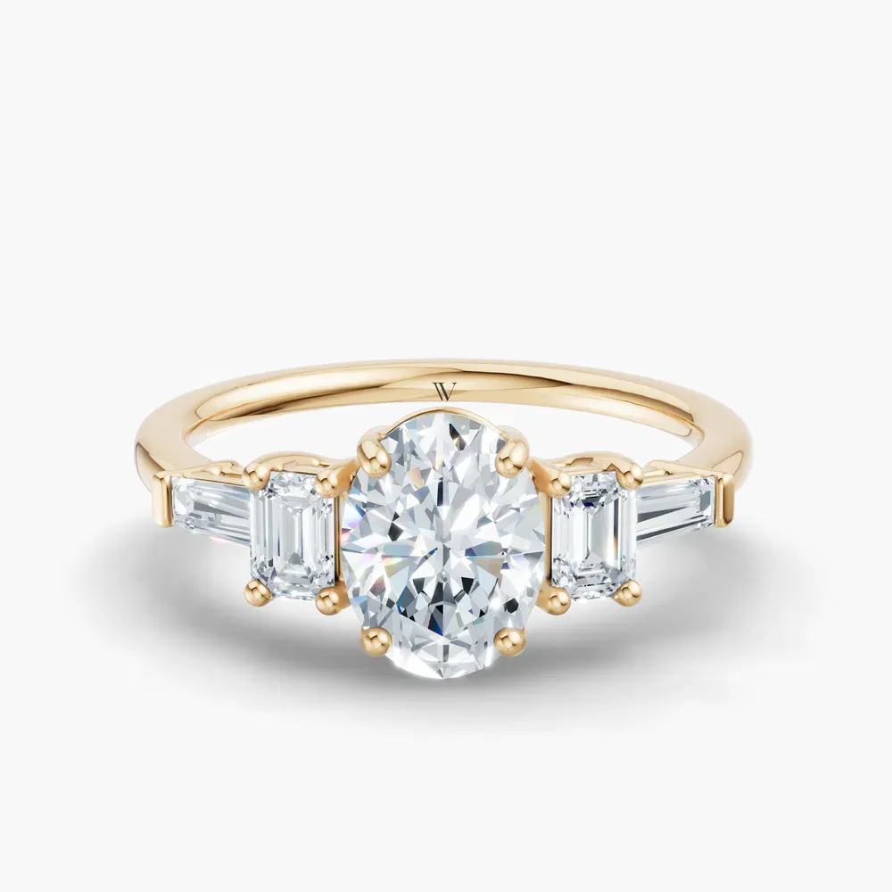 Certified 1 carat Lab Grown Diamond Oval Cut Five Stone, Baguette, Art Deco Engagement Ring in 14K Yellow Gold-Olume