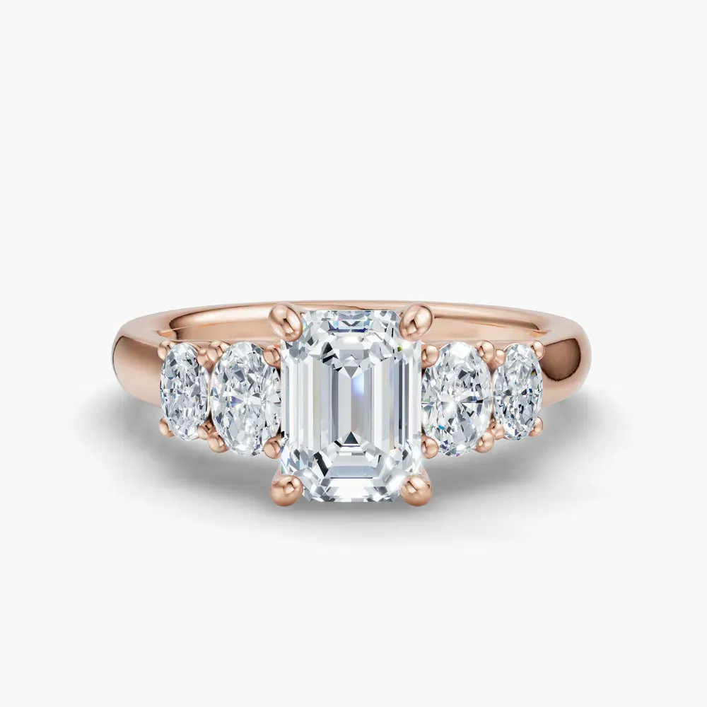 Certified 1 carat Lab Grown Diamond Emerald Cut Five Stone, Side Stone Engagement Ring in 14K Rose Gold-Elyx