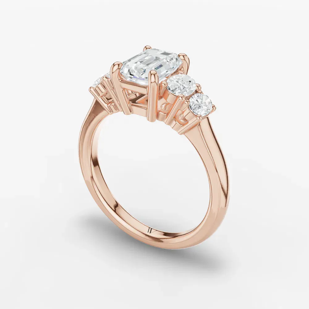 Certified 1 carat Lab Grown Diamond Emerald Cut Five Stone, Side Stone Engagement Ring in 14K Rose Gold-Elyx