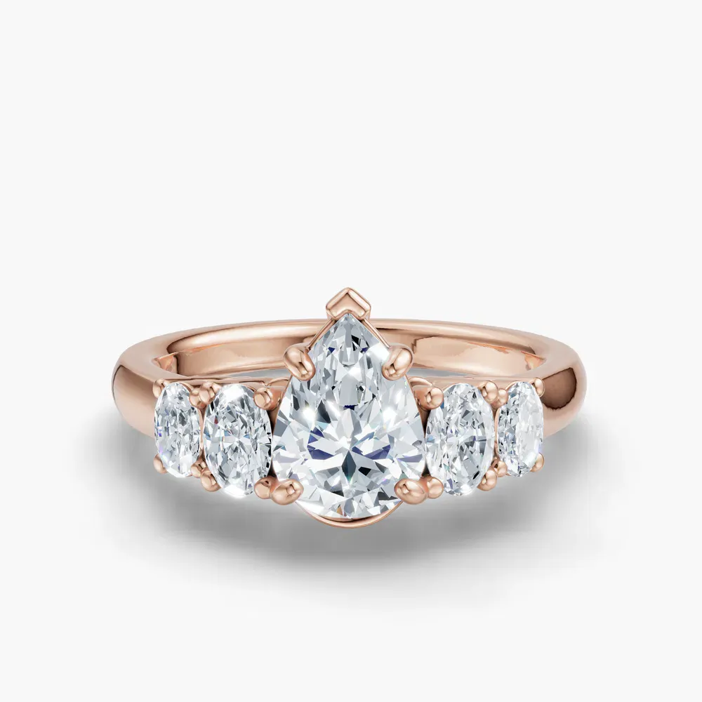 Certified 1 carat Lab Grown Diamond Pear Cut Five Stone, Side Stone Engagement Ring in 14K Rose Gold-Elyx