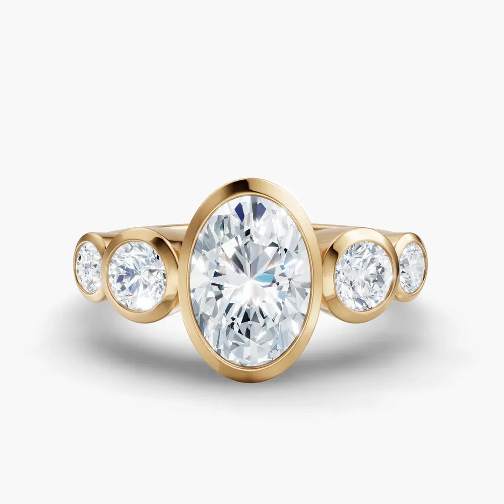 Certified 1 carat Lab Grown Diamond Oval Cut Five Stone, Milgrain, Bezel Engagement Ring in 14K Yellow Gold-Sole