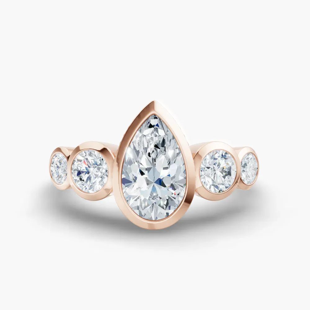 Certified 2 carat Lab Grown Diamond Pear Cut Five Stone, Milgrain, Bezel Engagement Ring in 14K Rose Gold-Sole