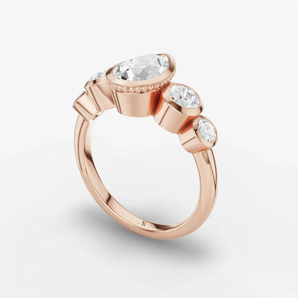 Certified 2 carat Lab Grown Diamond Pear Cut Five Stone, Milgrain, Bezel Engagement Ring in 14K Rose Gold-Sole