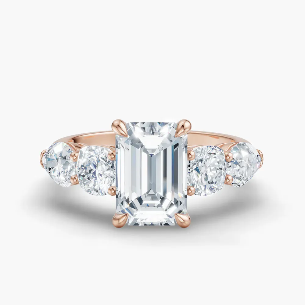 Certified 1 carat Lab Grown Diamond Emerald Cut Five Stone, Side Stone Engagement Ring in 14K Rose Gold-Riva