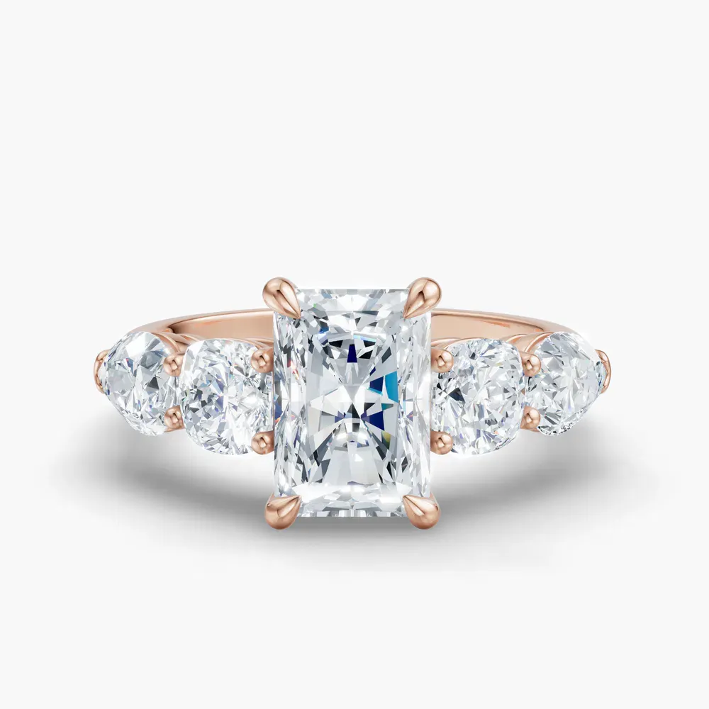 Certified 1 carat Lab Grown Diamond Radiant Cut Five Stone, Side Stone Engagement Ring in 14K Rose Gold-Riva