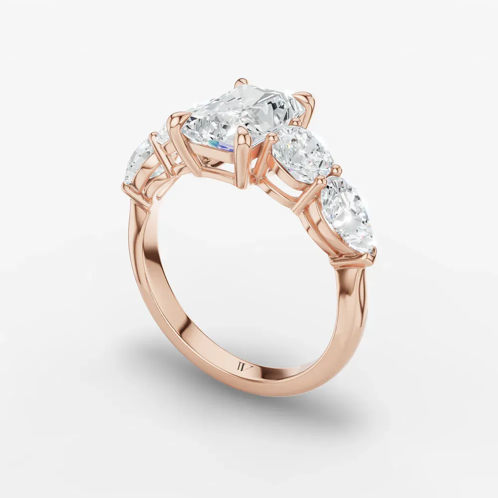 Certified 1 carat Lab Grown Diamond Radiant Cut Five Stone, Side Stone Engagement Ring in 14K Rose Gold-Riva