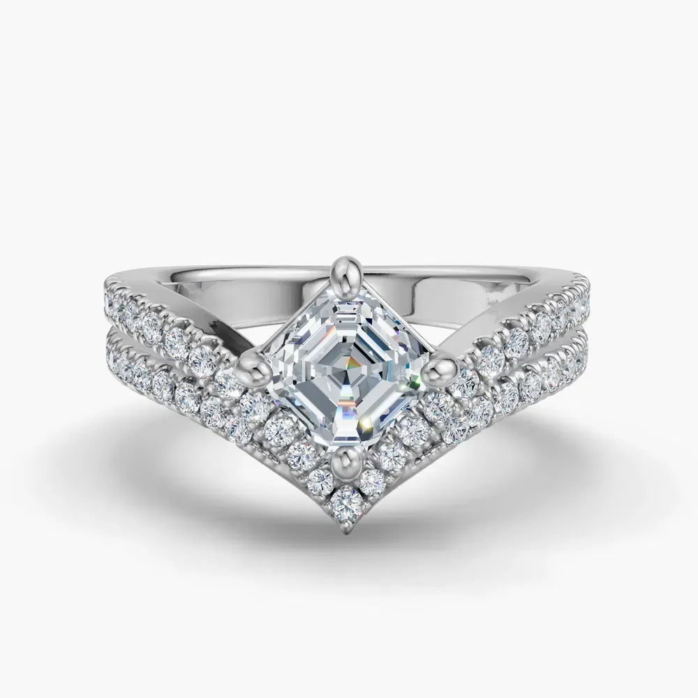 Certified 1 carat Lab Grown Diamond Asscher Cut Pavé, Unique, Floating Engagement Ring in 14K White Gold-Soli