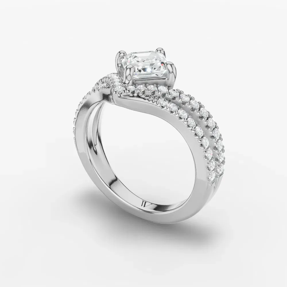 Certified 1 carat Lab Grown Diamond Asscher Cut Pavé, Unique, Floating Engagement Ring in 14K White Gold-Soli