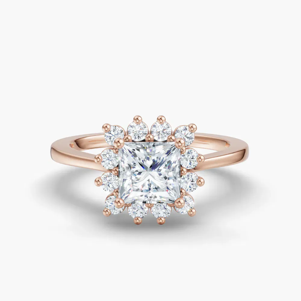 Certified 1 carat Lab Grown Diamond Princess Cut Cathedral, Halo, Floral Engagement Ring in 14K Rose Gold-Juncb