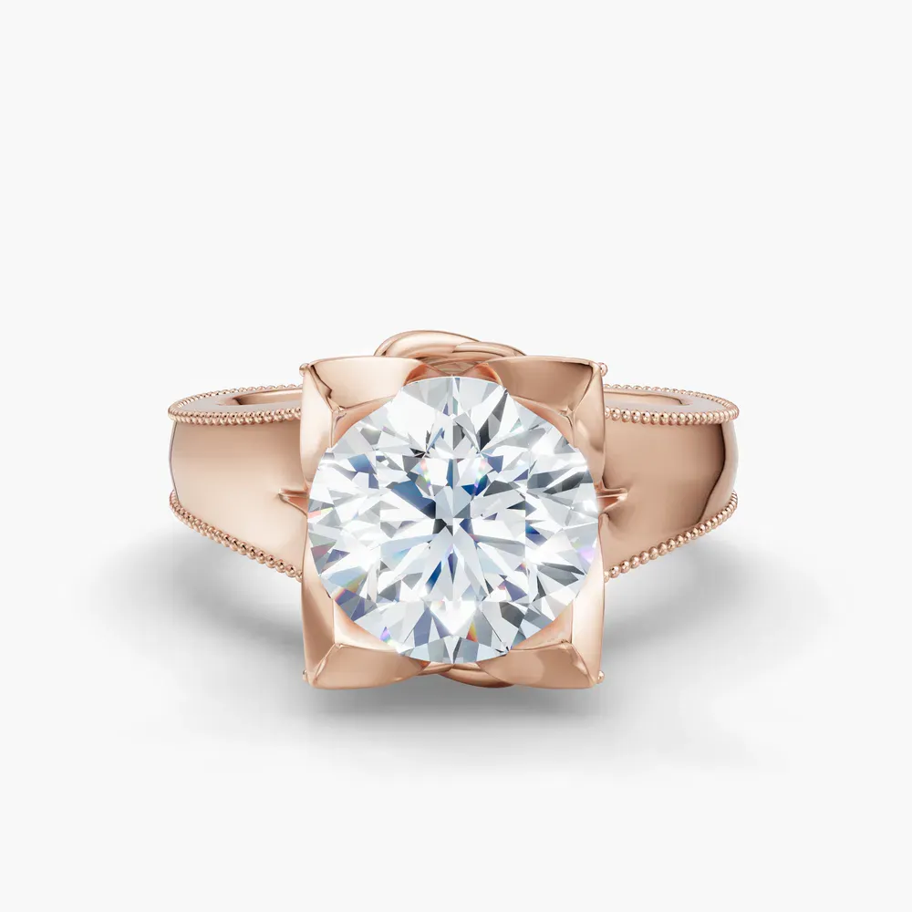 Certified 1 carat Lab Grown Diamond Round Cut Solitaire, Twist, Milgrain Engagement Ring in 14K Rose Gold-Ivryn