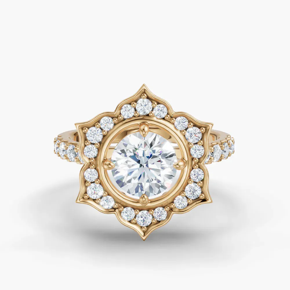 Certified 1 carat Lab Grown Diamond Round Cut Floral, Halo, Four Prong Engagement Ring in 14K Yellow Gold-Dew