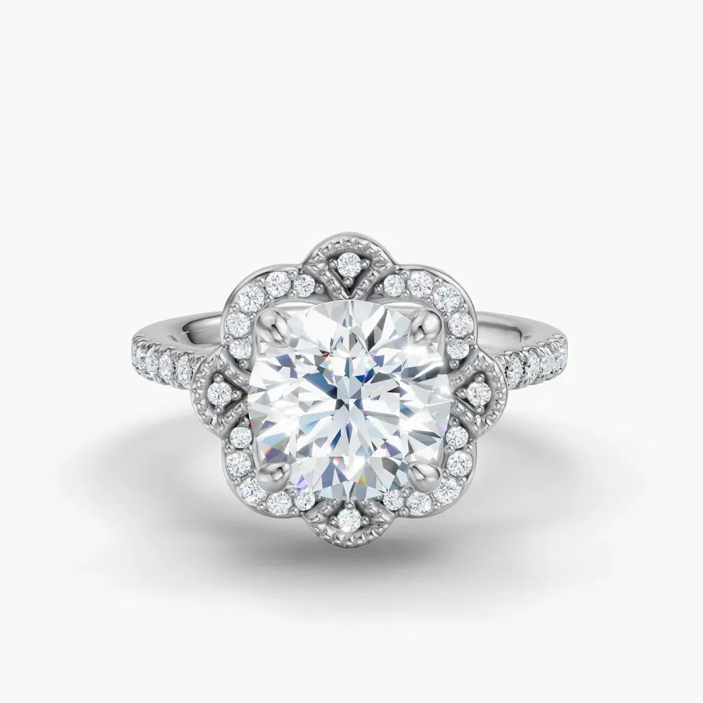 Certified 2 carat Lab Grown Diamond Round Cut Halo, Floral, Vintage Engagement Ring in 14K White Gold-Willow