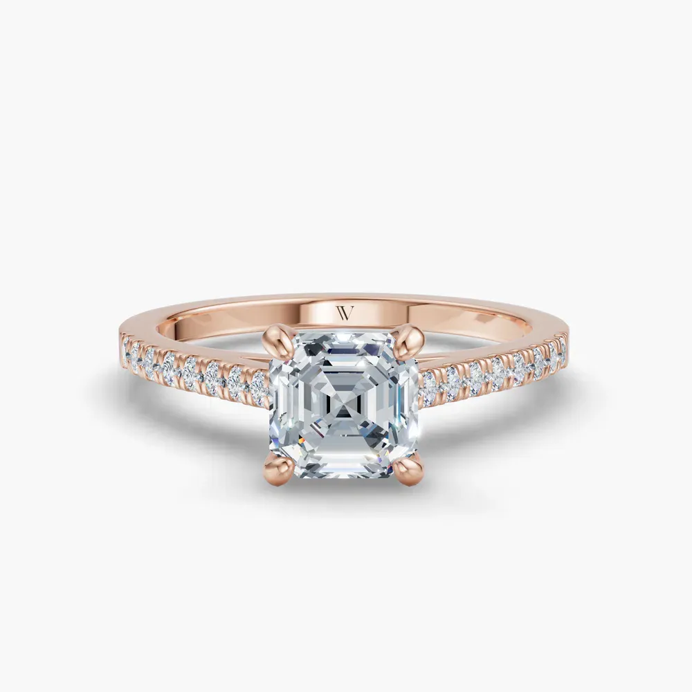 Certified 1 carat Lab Grown Diamond Asscher Cut Pavé, Cathedral Engagement Ring in 14K Rose Gold-Zirellun