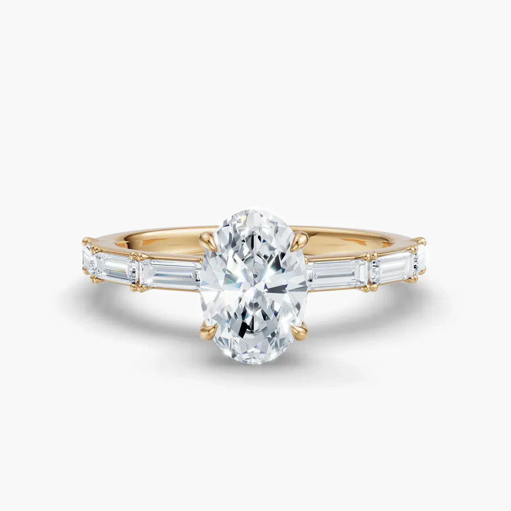 Certified 1 carat Lab Grown Diamond Oval Cut Baguette, Side Stone Engagement Ring in 14K Yellow Gold-Lunark