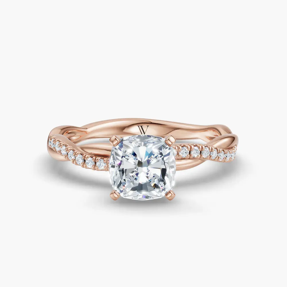 Certified 1 carat Lab Grown Diamond Cushion Cut Pavé, Twist, Infinity Engagement Ring in 14K Rose Gold-Obliq