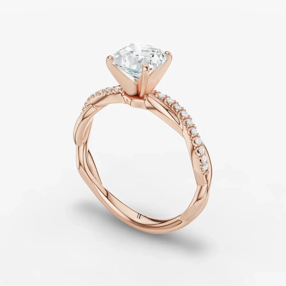 Certified 1 carat Lab Grown Diamond Cushion Cut Pavé, Twist, Infinity Engagement Ring in 14K Rose Gold-Obliq