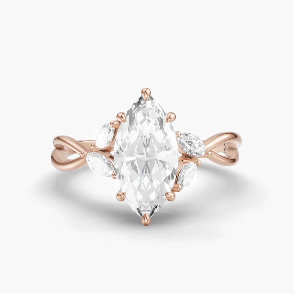 Certified 2 carat Lab Grown Diamond Marquise Cut Twist, Split Shank, Side Stone Engagement Ring in 14K Rose Gold-Mena