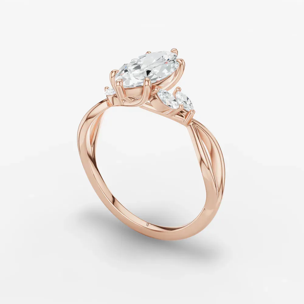Certified 2 carat Lab Grown Diamond Marquise Cut Twist, Split Shank, Side Stone Engagement Ring in 14K Rose Gold-Mena