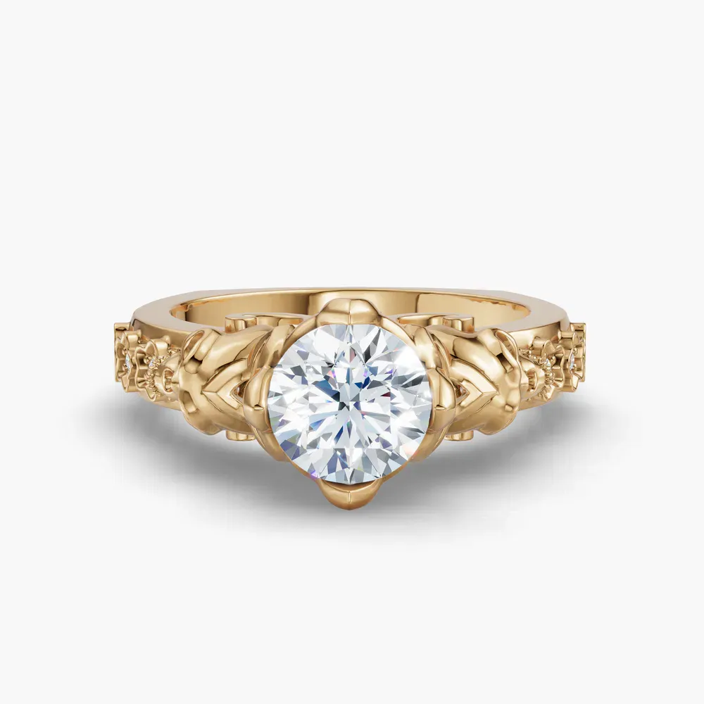 Certified 1 carat Lab Grown Diamond Round Cut Gothic, Side Stone, Four Prong Engagement Ring in 14K Yellow Gold-Jovena