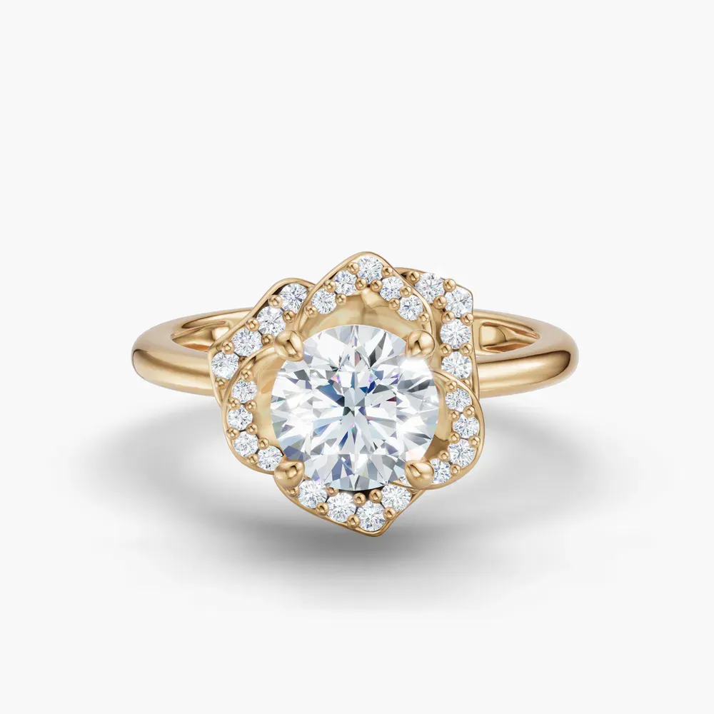 Certified 1 carat Lab Grown Diamond Round Cut Floral, Halo, Four Prong Engagement Ring in 14K Yellow Gold-Brook