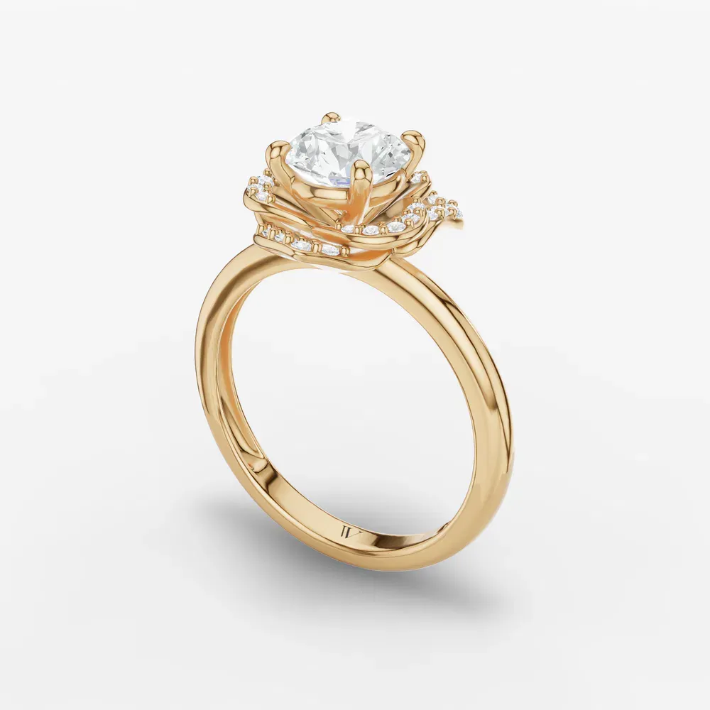 Certified 1 carat Lab Grown Diamond Round Cut Floral, Halo, Four Prong Engagement Ring in 14K Yellow Gold-Brook