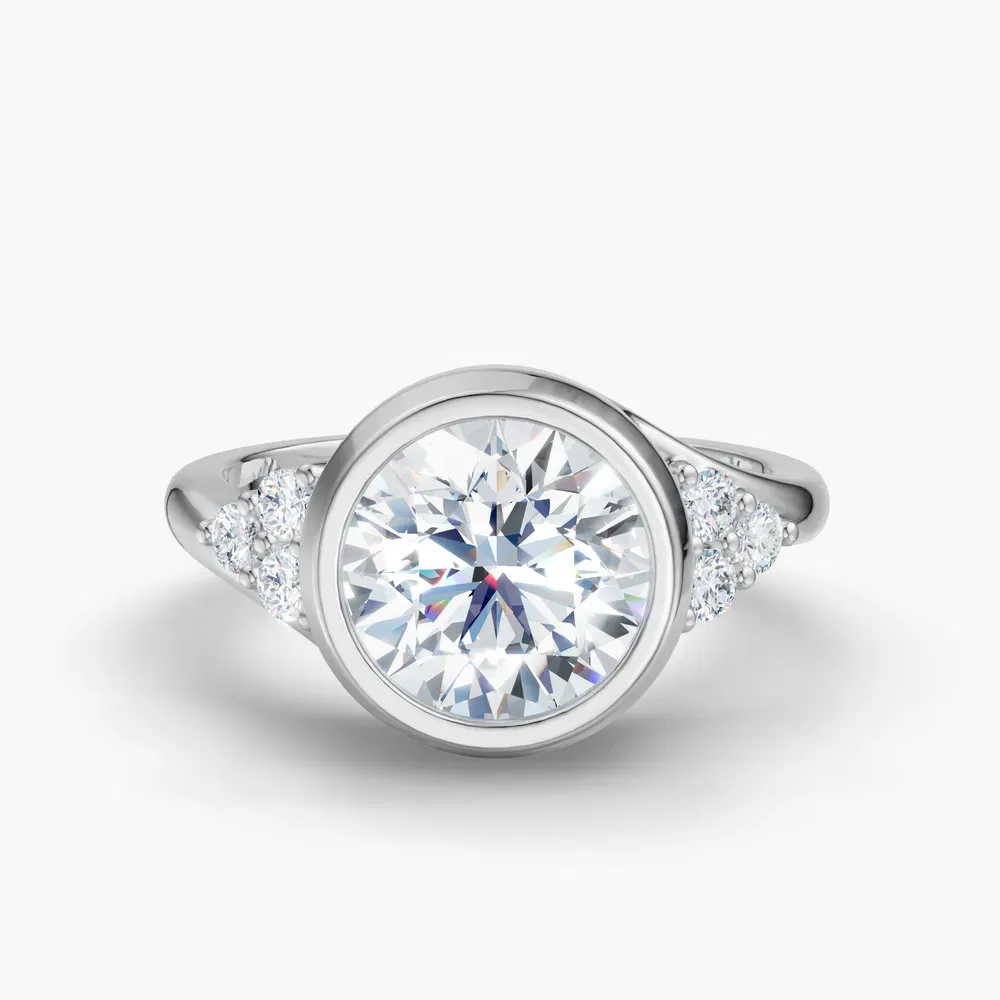 Certified 2 carat Lab Grown Diamond Round Cut Bezel, Side Stone Engagement Ring in 14K White Gold-Trinity
