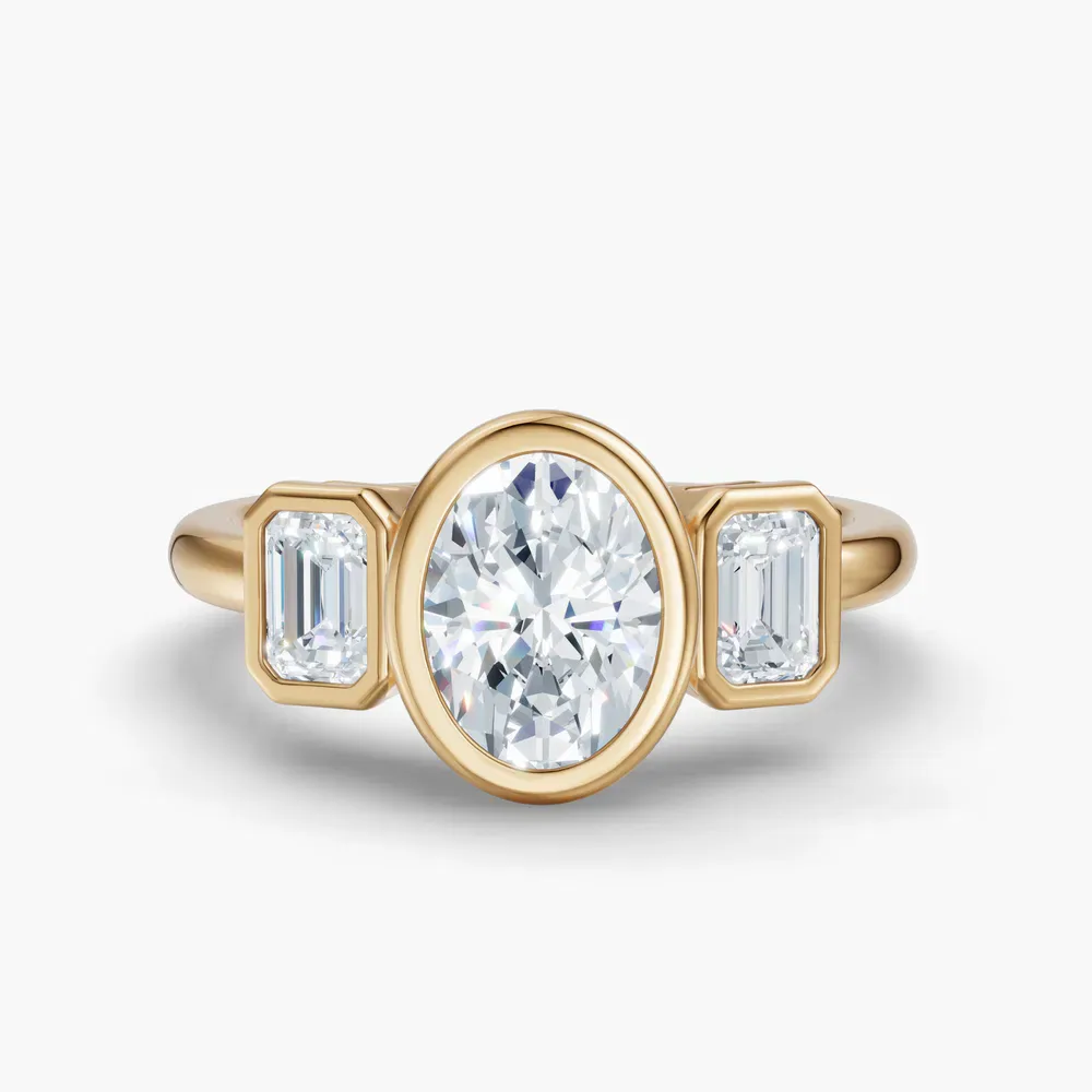 Certified 1 carat Lab Grown Diamond Oval Cut Three Stone, Bezel, Low profile Engagement Ring in 14K Yellow Gold-Elix