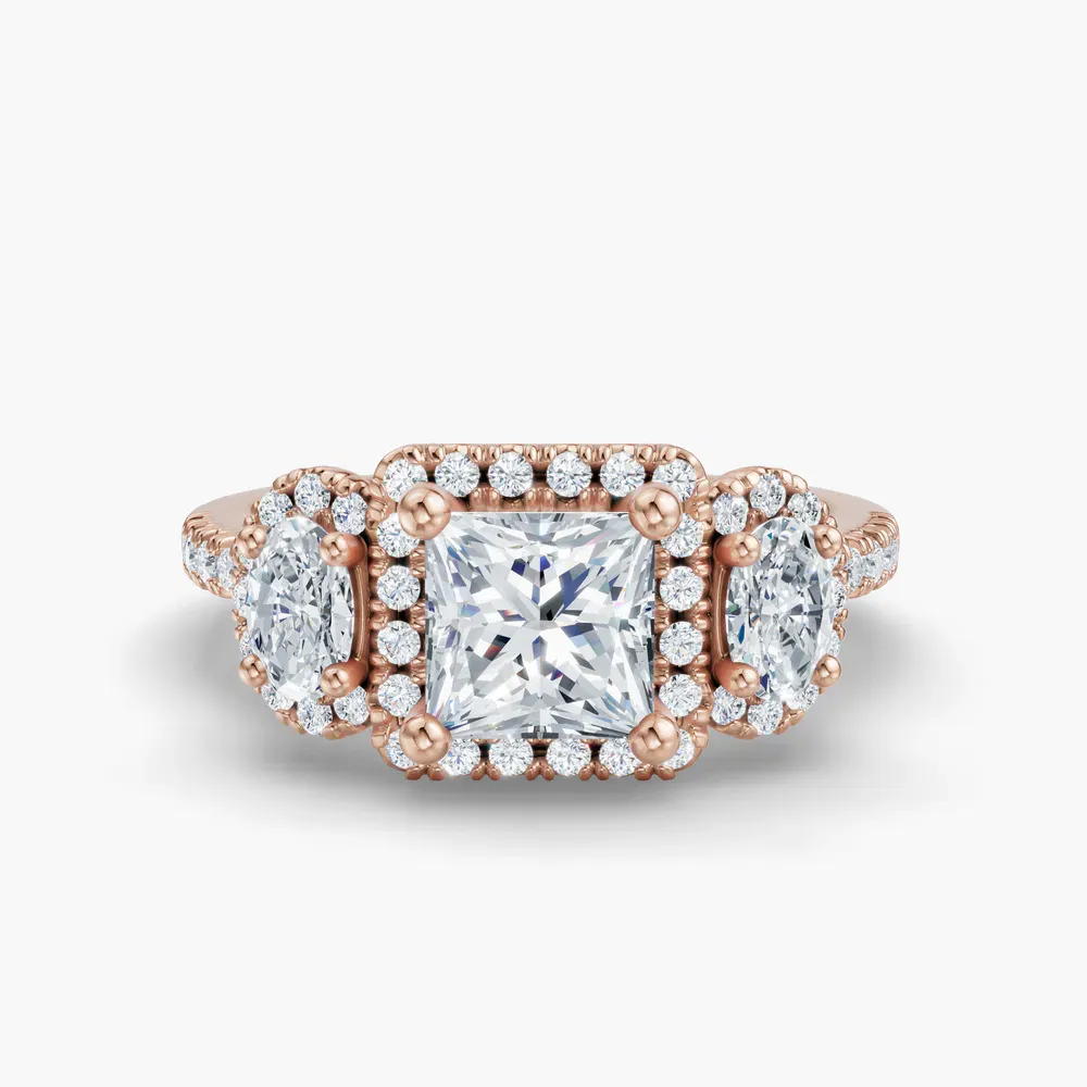 Certified 1 carat Lab Grown Diamond Princess Cut Pavé, Three Stone, Halo Engagement Ring in 14K Rose Gold-Norell