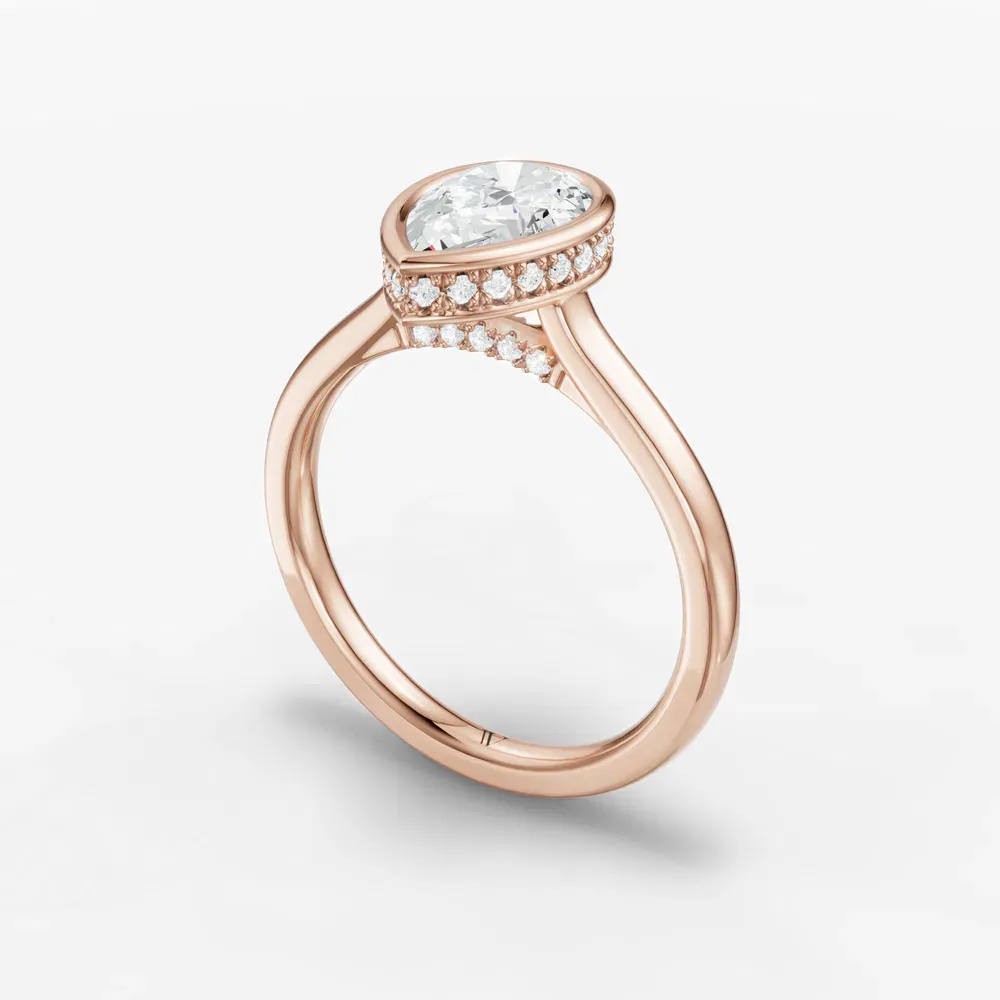 Certified 1 carat Lab Grown Diamond Pear Cut Bezel, Solitaire, Hidden Halo Engagement Ring in 18K Rose Gold-Nival