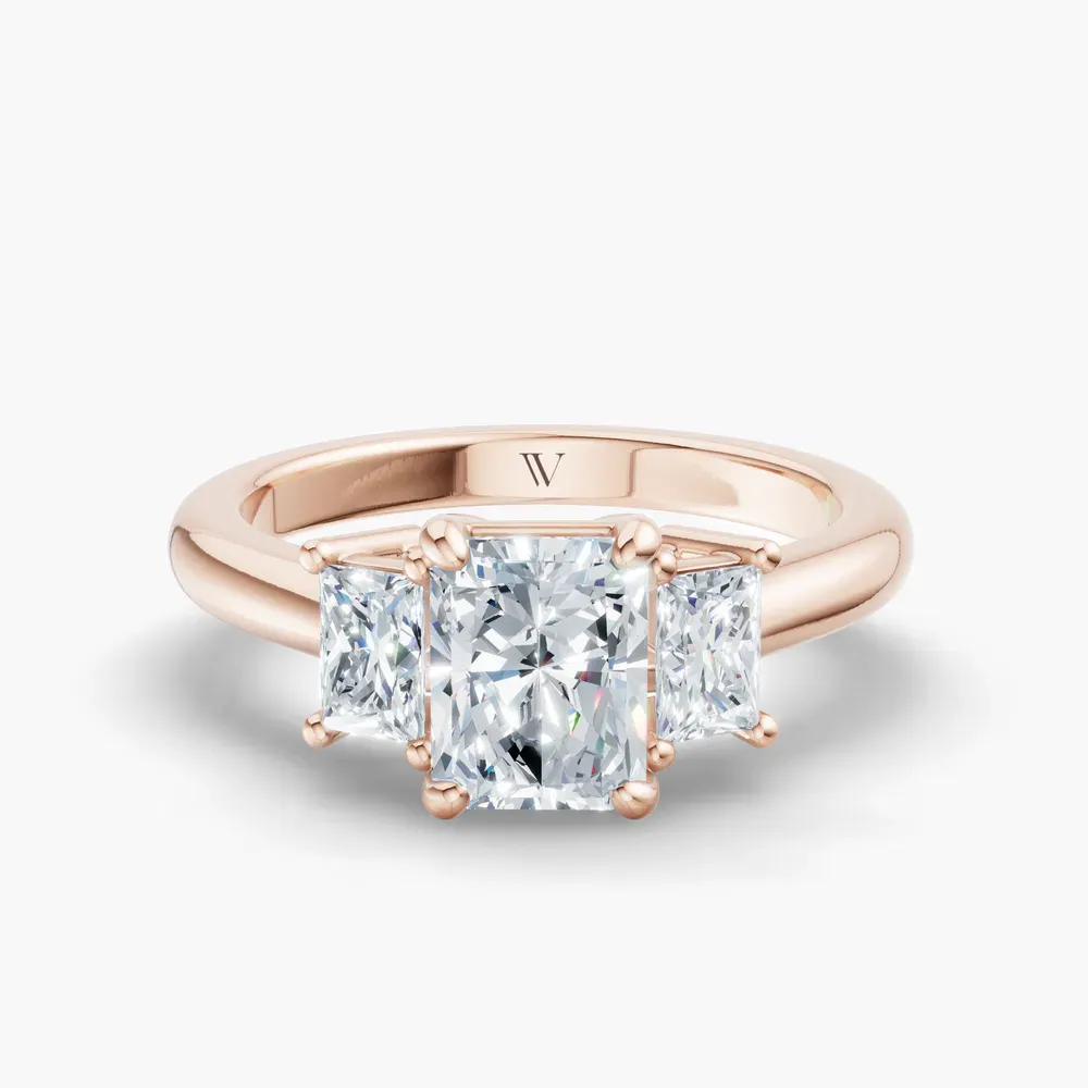 Certified 1 carat Lab Grown Diamond Radiant Cut Three Stone, Side Stone Engagement Ring in 14K Rose Gold-Dravon