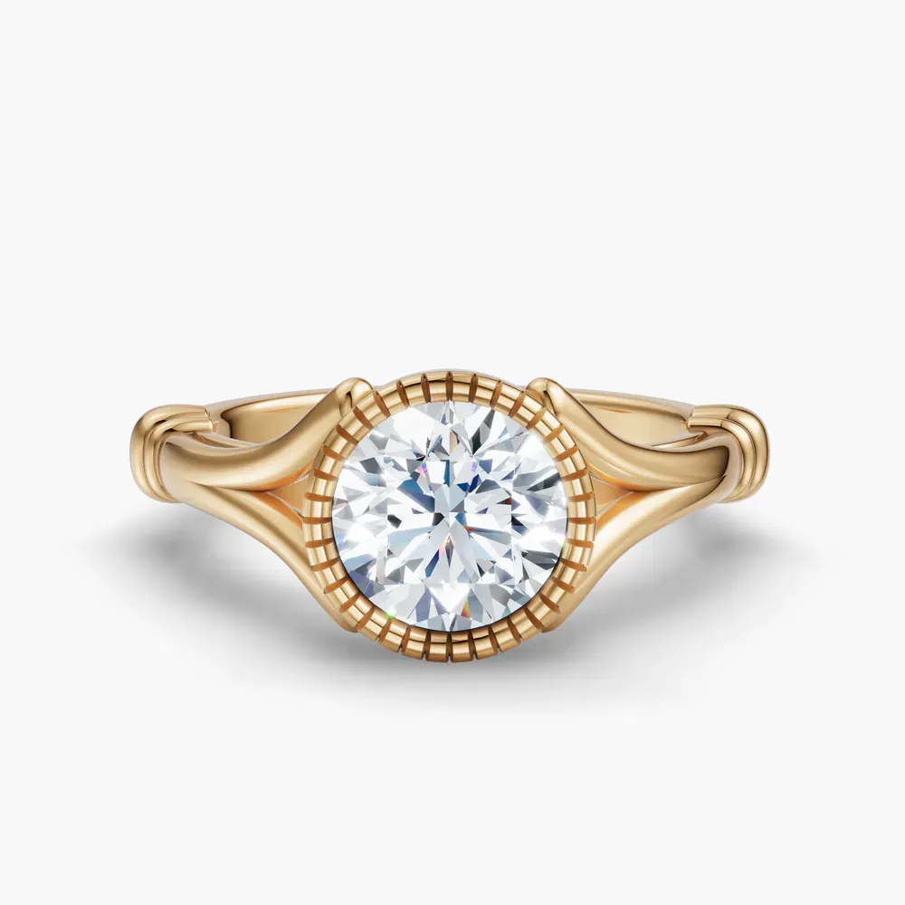 Certified 1 carat Lab Grown Diamond Round Cut Solitaire, Split Shank, Bezel Engagement Ring in 14K Yellow Gold-Nerea