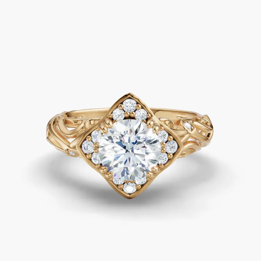 Certified 1 carat Lab Grown Diamond Round Cut Halo, Unique, Twist Engagement Ring in 18K Yellow Gold-Larimar