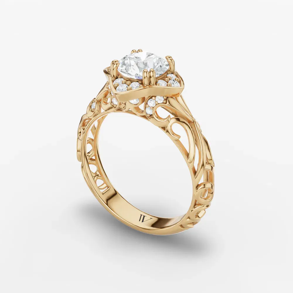 Certified 1 carat Lab Grown Diamond Round Cut Halo, Unique, Twist Engagement Ring in 18K Yellow Gold-Larimar
