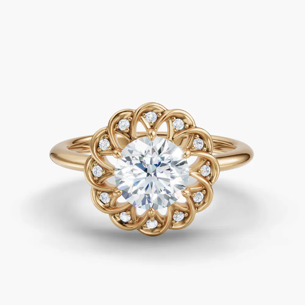 Certified 1 carat Lab Grown Diamond Round Cut Floral, Nature inspired, Six Prong Engagement Ring in 18K Yellow Gold-Gleam