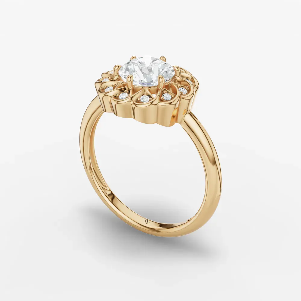 Certified 1 carat Lab Grown Diamond Round Cut Floral, Nature inspired, Six Prong Engagement Ring in 18K Yellow Gold-Gleam